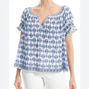 Split Neck Ruffle Sleeve Top max studik XL